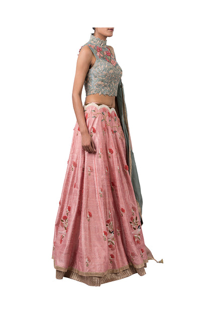DORI WORK HIGH NECK BLOUSE WITH 3D FLOWERS LEHENGA