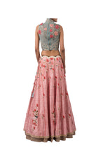 Load image into Gallery viewer, DORI HIGH NECK BLOUSE WITH 3D FLOWERS AND HEM BIRD LEHENGA

