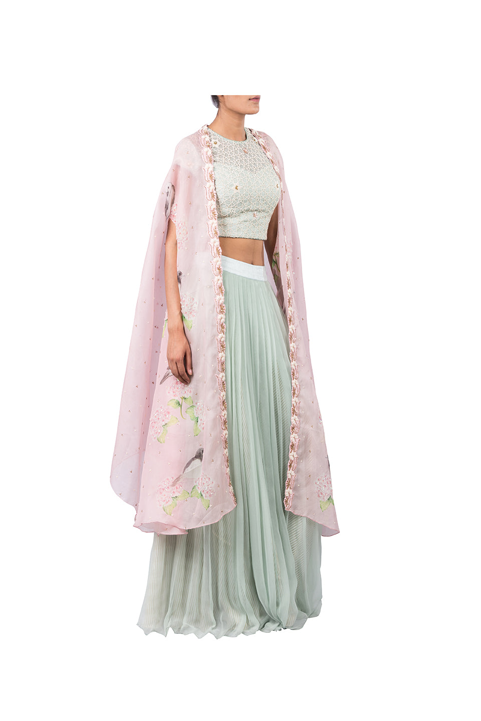 STAR WEB BLOUSE WITH CHIFFON PLEATED PLAZZO AND DIGITAL PINK BIRD CAPE