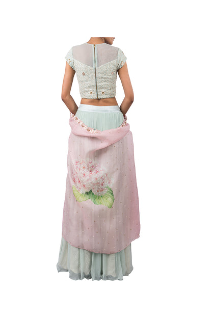 STAR WEB BLOUSE WITH CHIFFON PLEATED PLAZZO AND CUSTOM PRINTED PINK BIRD CAPE