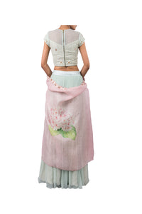STAR WEB BLOUSE WITH CHIFFON PLEATED PLAZZO AND DIGITAL PINK BIRD CAPE