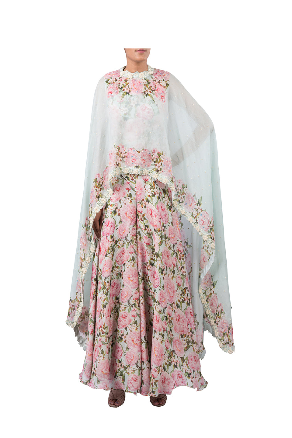 DIGITAL PRINT PEONIES JUMPSUIT WITH AQUA CUSTOM PRINTED CAPE
