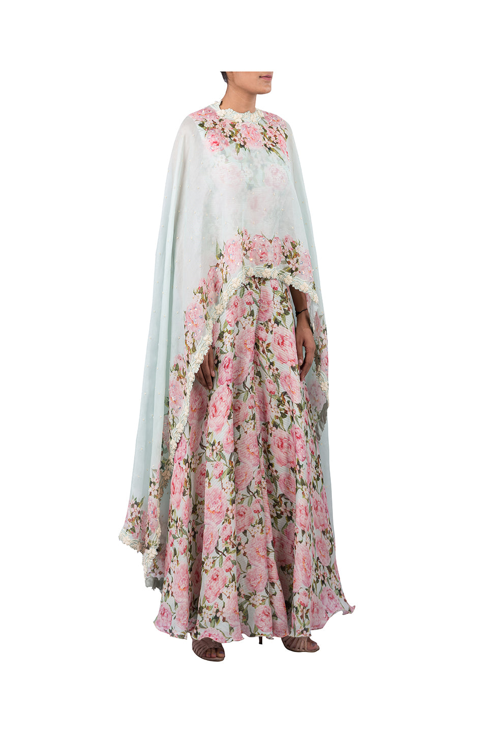 DIGITAL PRINT PEONIES JUMPSUIT WITH AQUA CUSTOM PRINTED CAPE