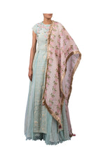Load image into Gallery viewer, PEARL JAAL RAW SILK LONG JACKET WITH NET SKIRT AND PINK PEONIES STRIPE PRINTED DUPATTA
