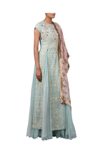 Load image into Gallery viewer, PEARL JAAL RAW SILK LONG JACKET WITH NET SKIRT AND PINK PEONIES STRIPE PRINTED DUPATTA
