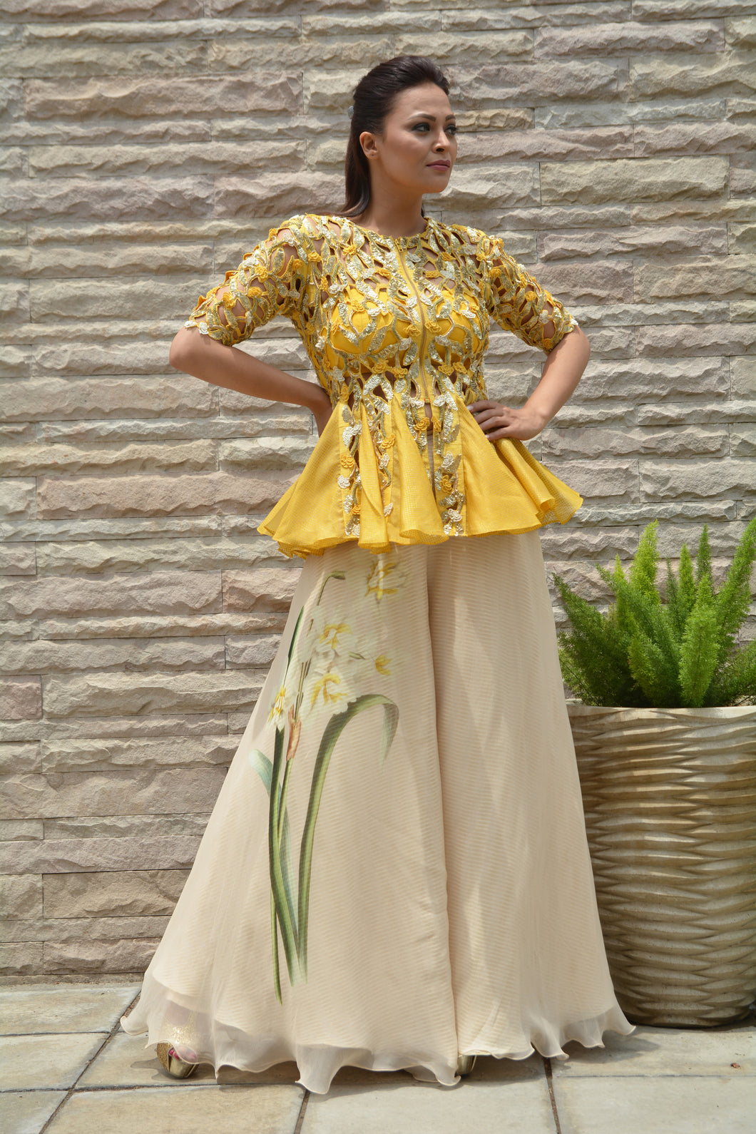 Cutwork Jacket with printed palazzos - Medium Size