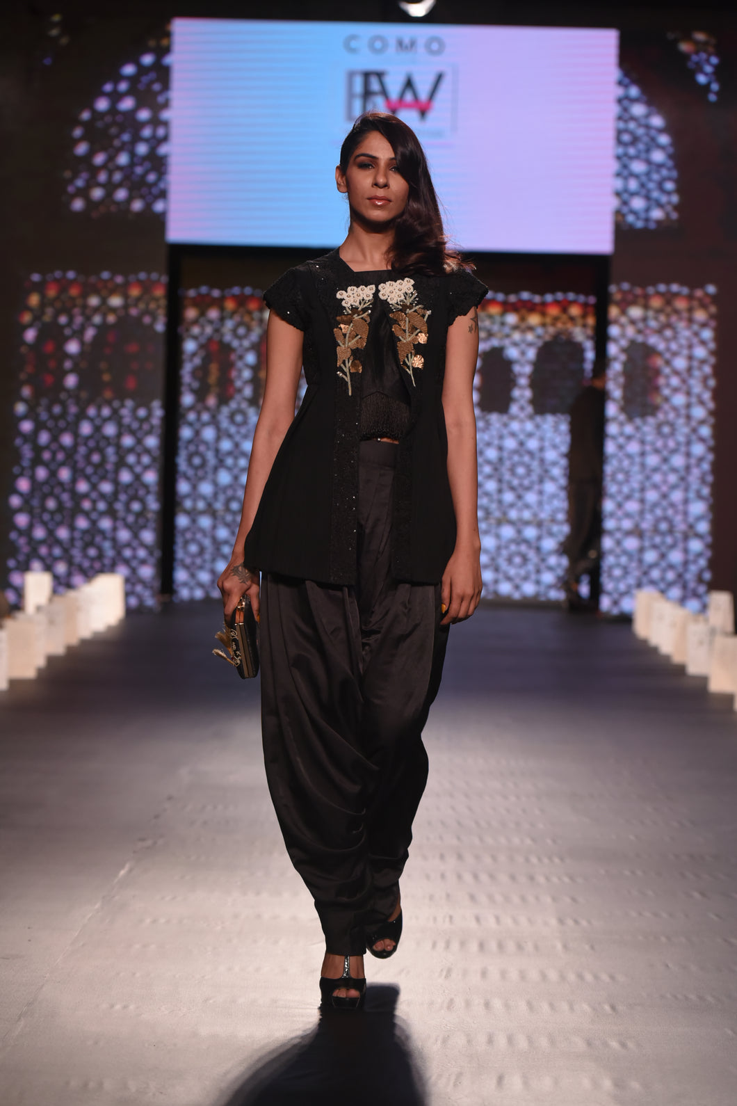 Black Fringes Crop Top with Dhoti Pants