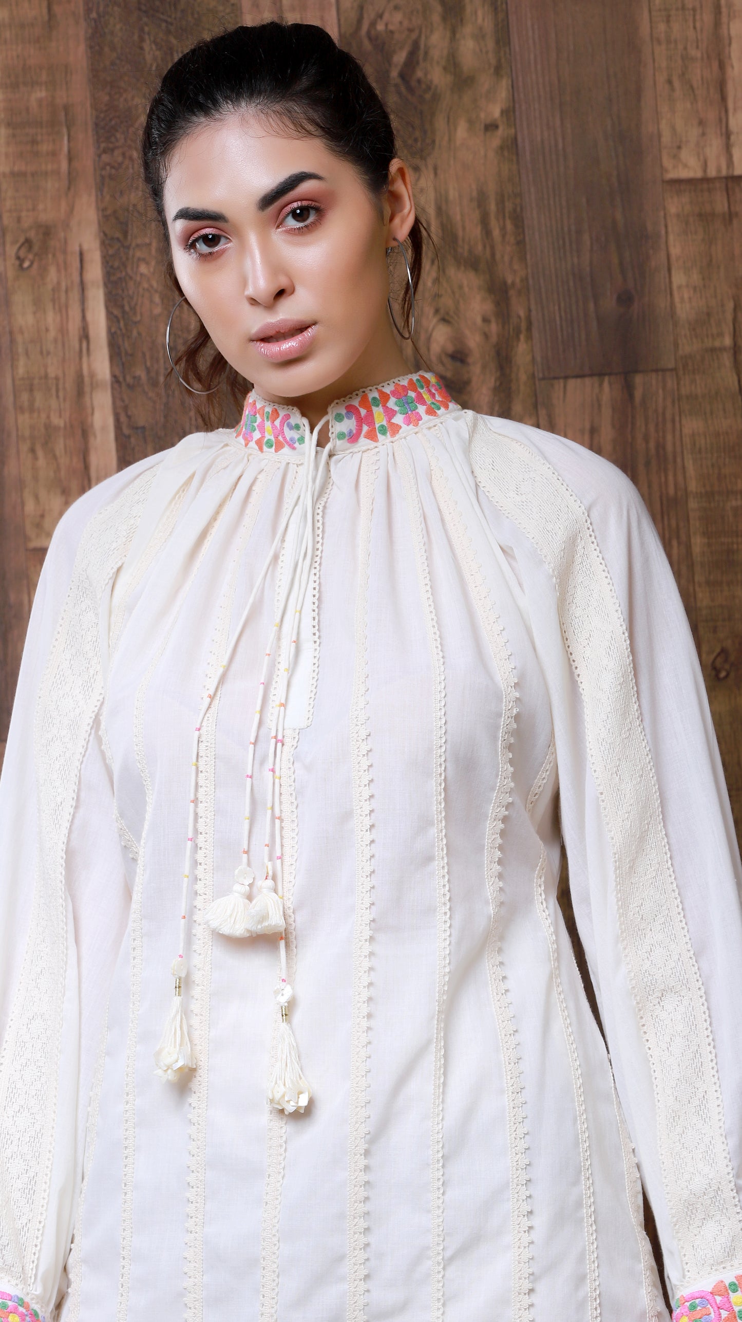 Gathered Crochet Tunic with multicolored Collar