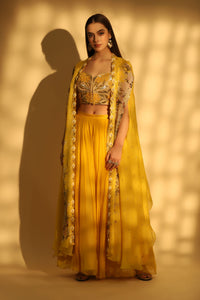 Yellow Embroidered Palazzo Set With Cape