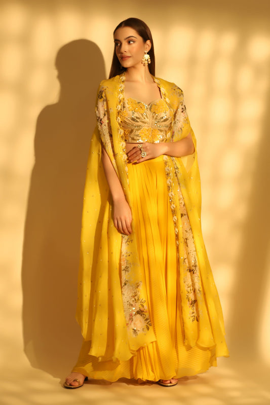 Yellow Embroidered Palazzo Set With Cape