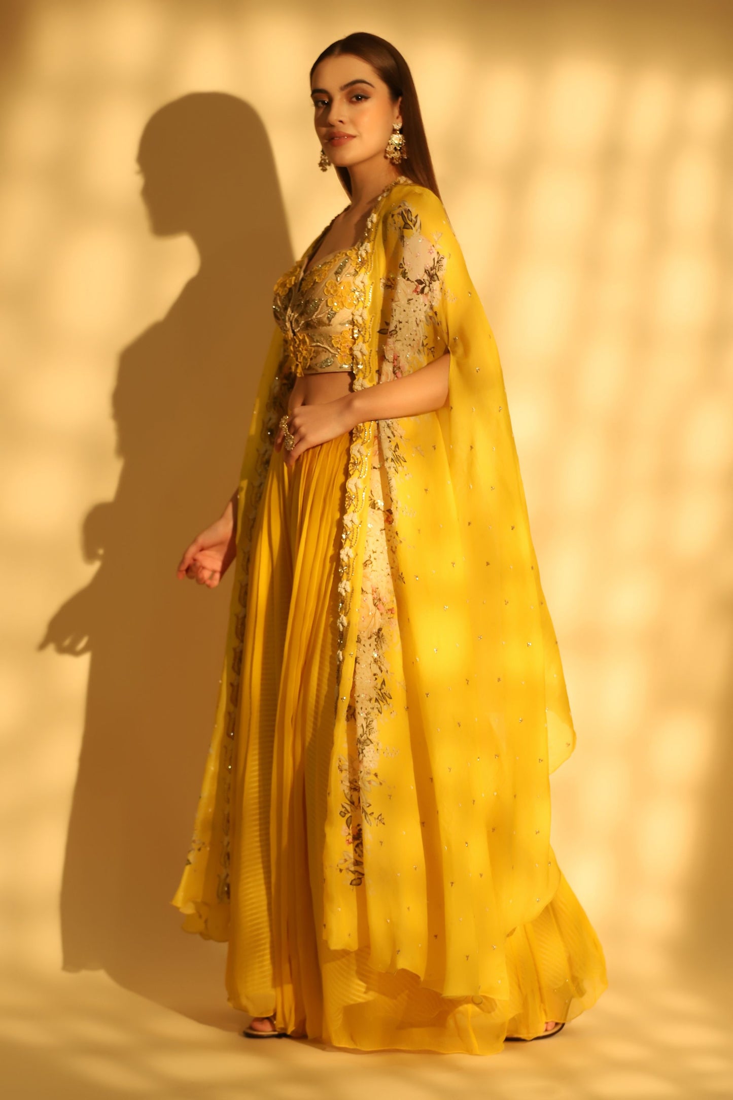 Yellow Embroidered Palazzo Set With Cape