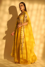 Load image into Gallery viewer, Yellow Embroidered Palazzo Set With Cape
