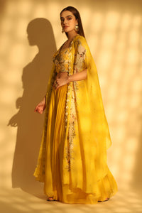 Yellow Embroidered Palazzo Set With Cape