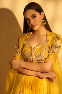 Yellow Embroidered Palazzo Set With Cape