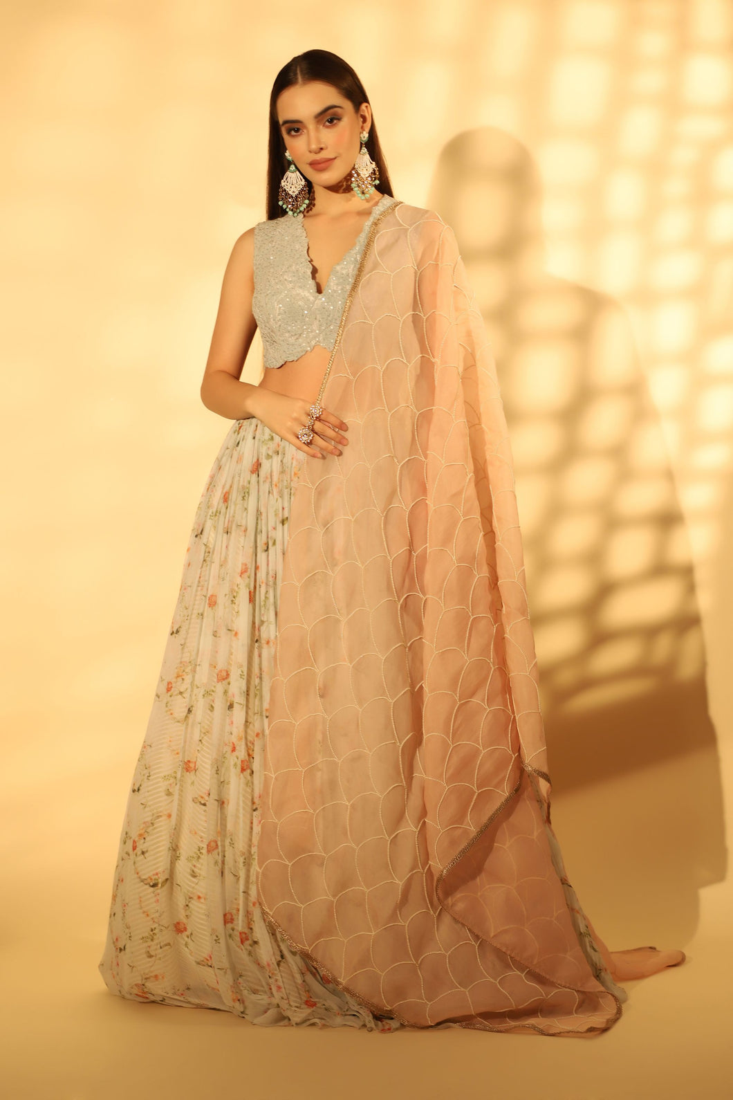 Printed Chiffon Lehenga with Cord Blouse and Pearl Work Dupatta