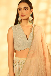 Printed Chiffon Lehenga with Cord Blouse and Pearl Work Dupatta