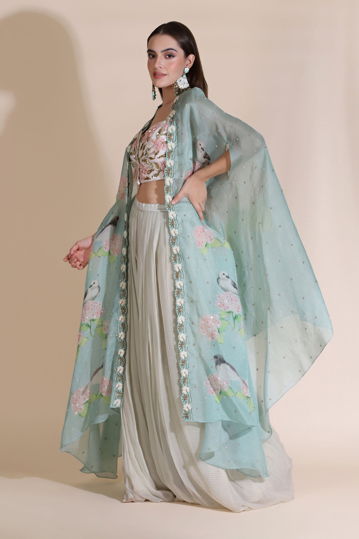 3D Flower Blouse With Plaeated Plazzo And Highlighted Cape