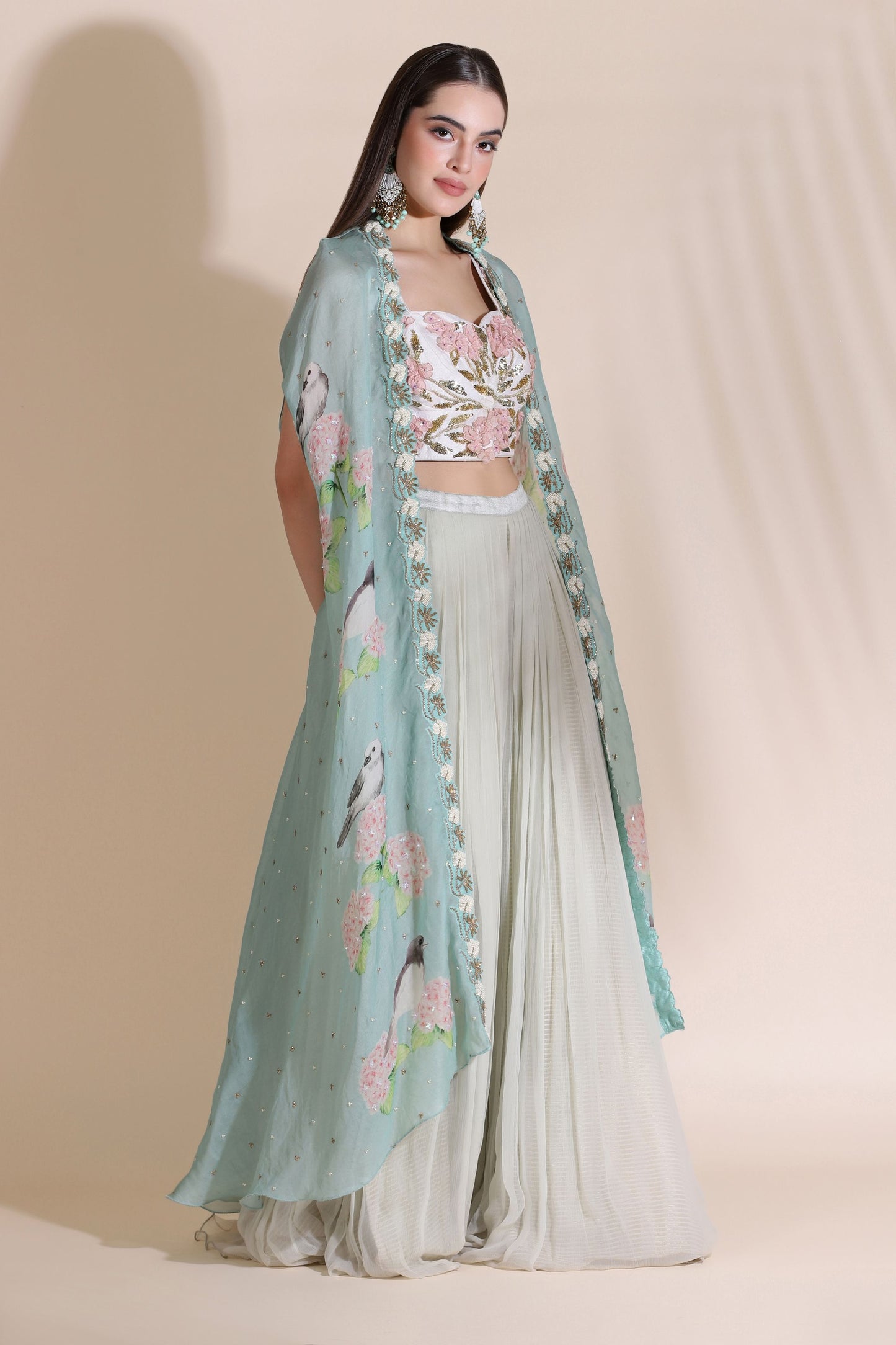3D Flower Blouse With Plaeated Plazzo And Highlighted Cape