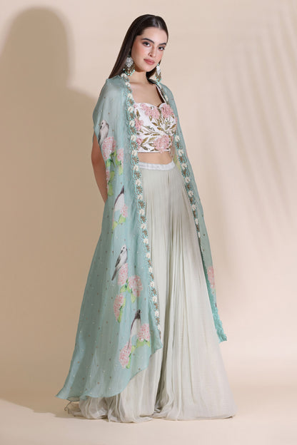 3D Flower Blouse With Plaeated Plazzo And Highlighted Cape