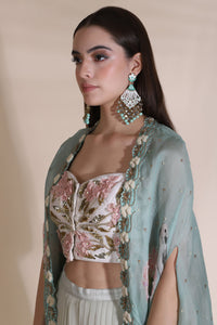 3D Flower Blouse With Plaeated Plazzo And Highlighted Cape