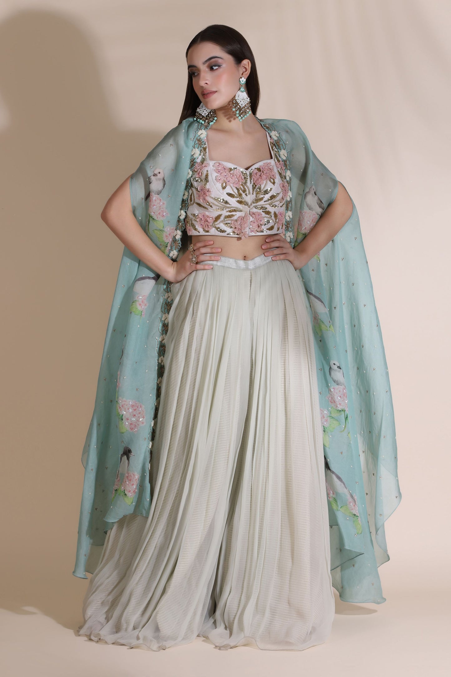 3D Flower Blouse With Plaeated Plazzo And Highlighted Cape
