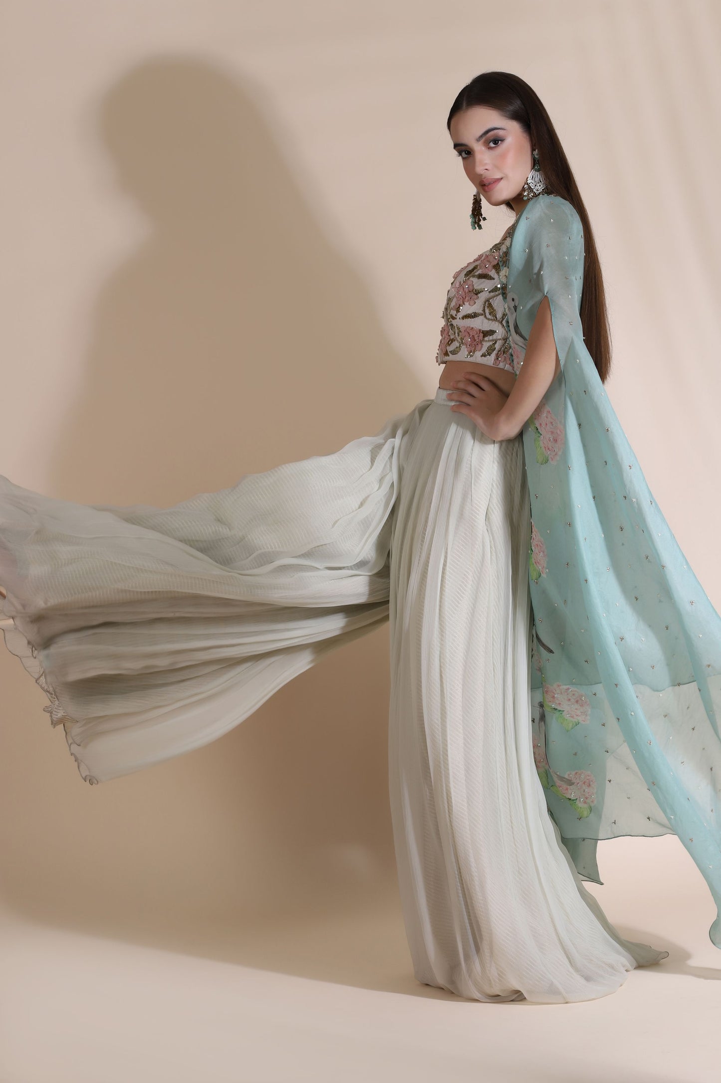 3D Flower Blouse With Plaeated Plazzo And Highlighted Cape