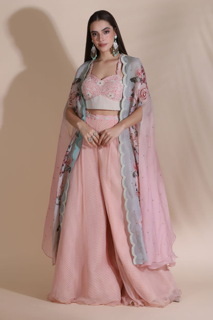 Moti Jaal Blouse and Plazzo With Printed Cape