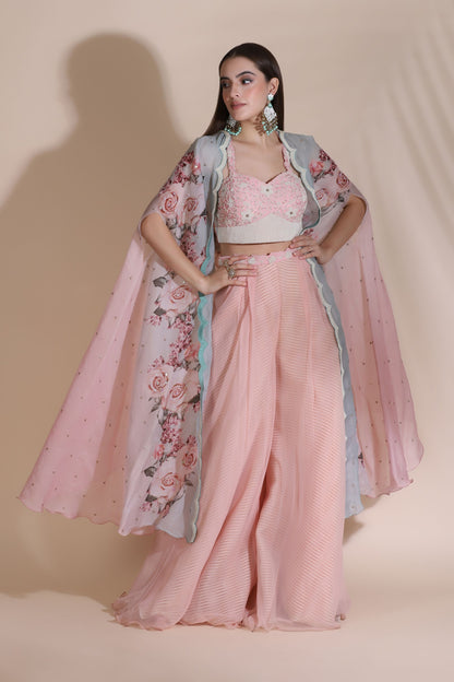 Moti Jaal Blouse and Plazzo With Printed Cape