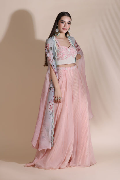 Moti Jaal Blouse and Plazzo With Printed Cape
