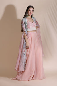 Moti Jaal Blouse and Plazzo With Printed Cape