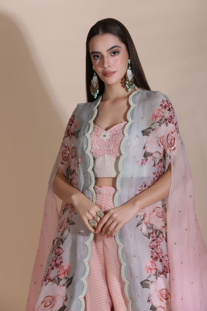 Moti Jaal Blouse and Plazzo With Printed Cape