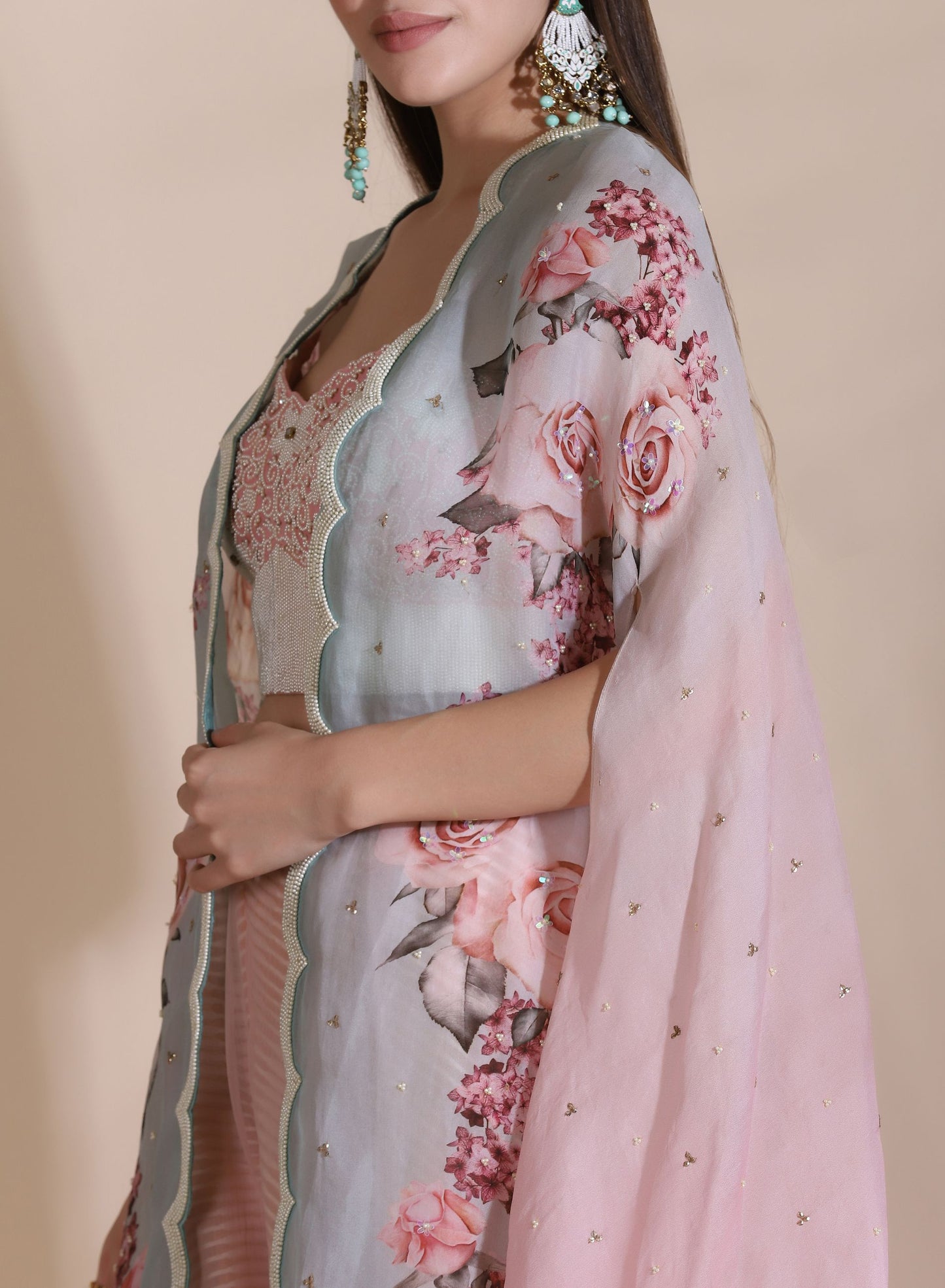 Moti Jaal Blouse and Plazzo With Printed Cape