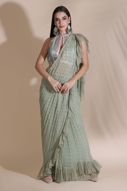 Leather Sequin Dori Blouse With Ruffle Saree
