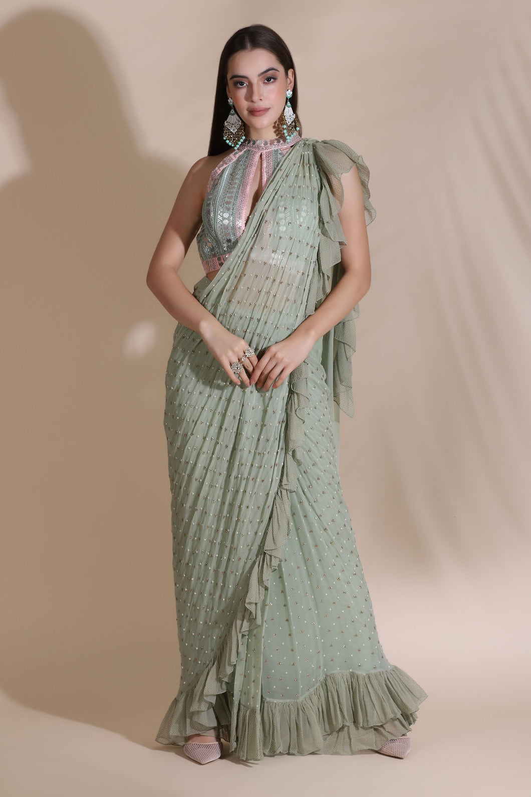 Leather Sequin Dori Blouse With Ruffle Saree