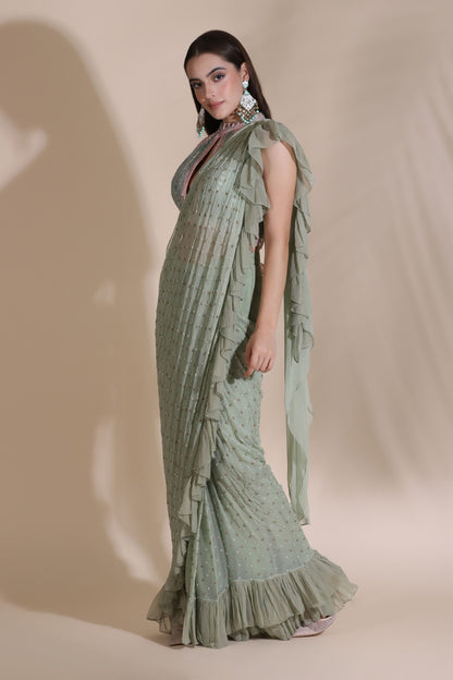 Leather Sequin Dori Blouse With Ruffle Saree