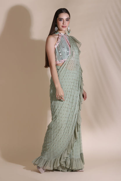 Leather Sequin Dori Blouse With Ruffle Saree