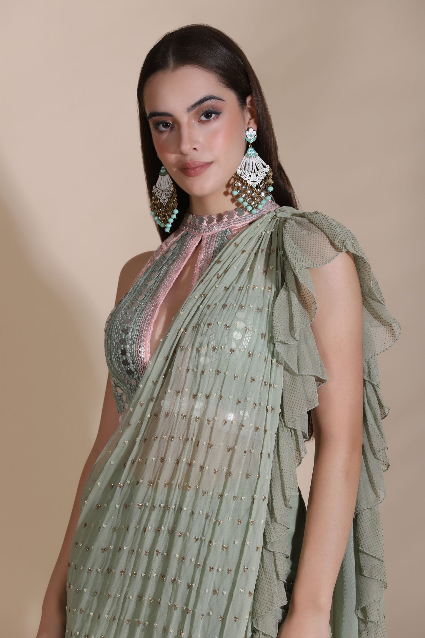 Leather Sequin Dori Blouse With Ruffle Saree