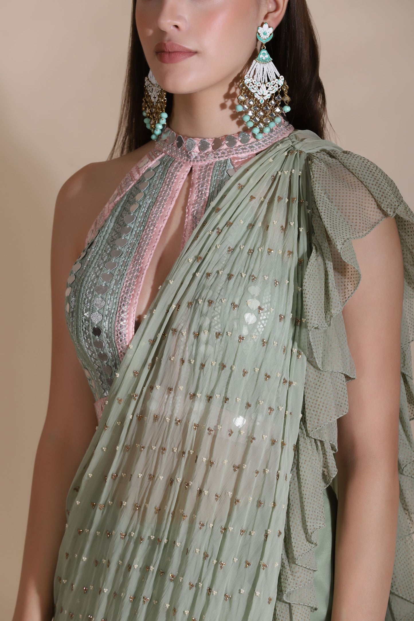 Leather Sequin Dori Blouse With Ruffle Saree