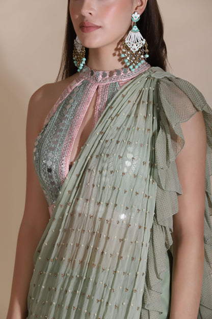 Leather Sequin Dori Blouse With Ruffle Saree