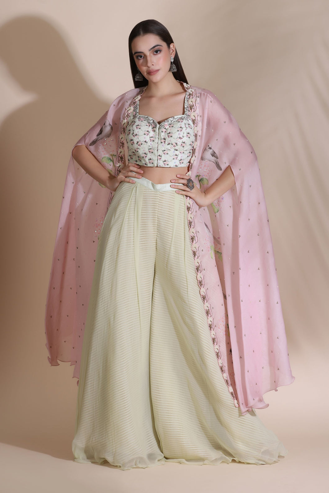 Printed Blouse with Palazzo & Cape