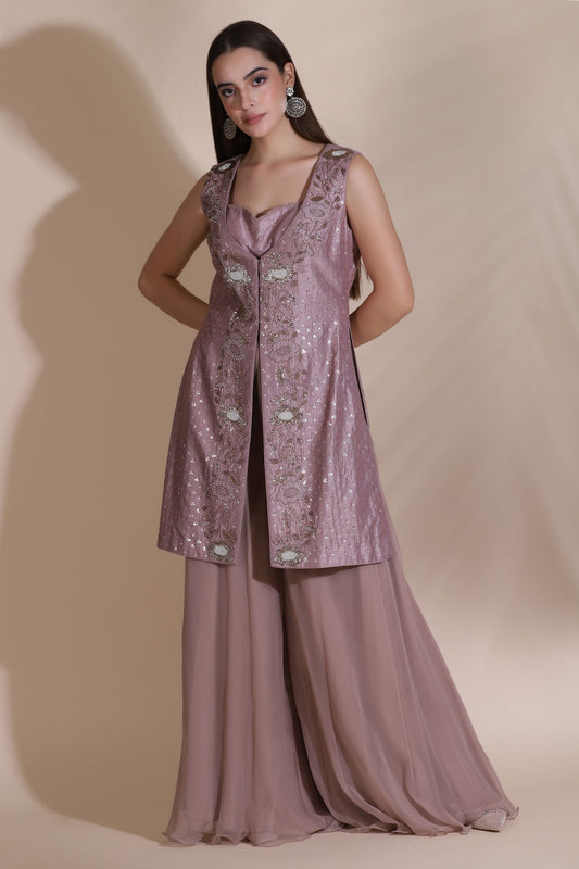 Bugle Bead Short Jacket with Blouse and Palazzos