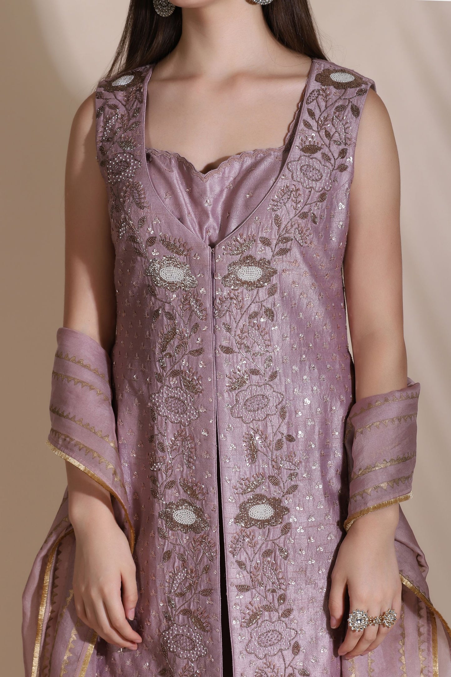 Bugle Bead Short Jacket with Blouse and Palazzos