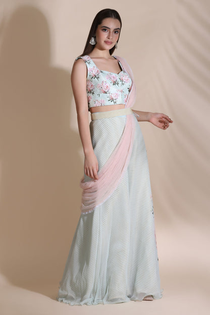 Printed Blouse With Palazzos, Draped Dupatta and Pearl Emblished Belt