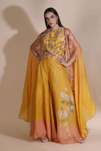 3D Flower Incut Blouse With Semal Color Block Palazzo and Shaded Cape