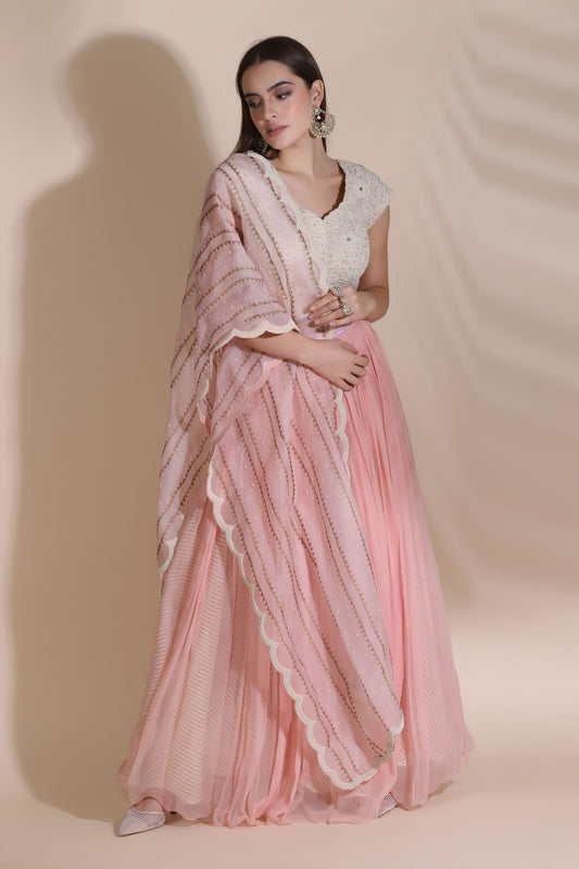 Pearl Work Blouse With Gathered Skirt, Belt And Duptta