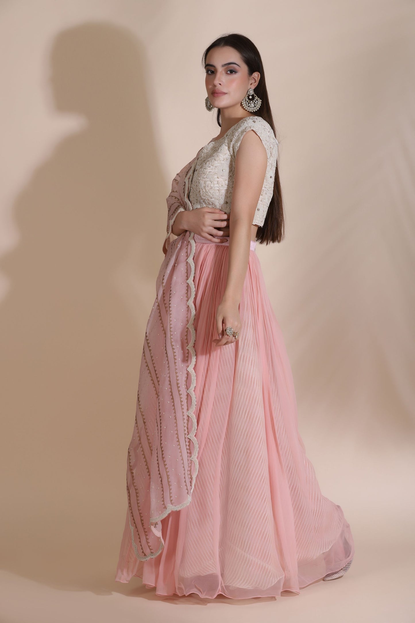 Pearl Work Blouse With Gathered Skirt, Belt And Duptta