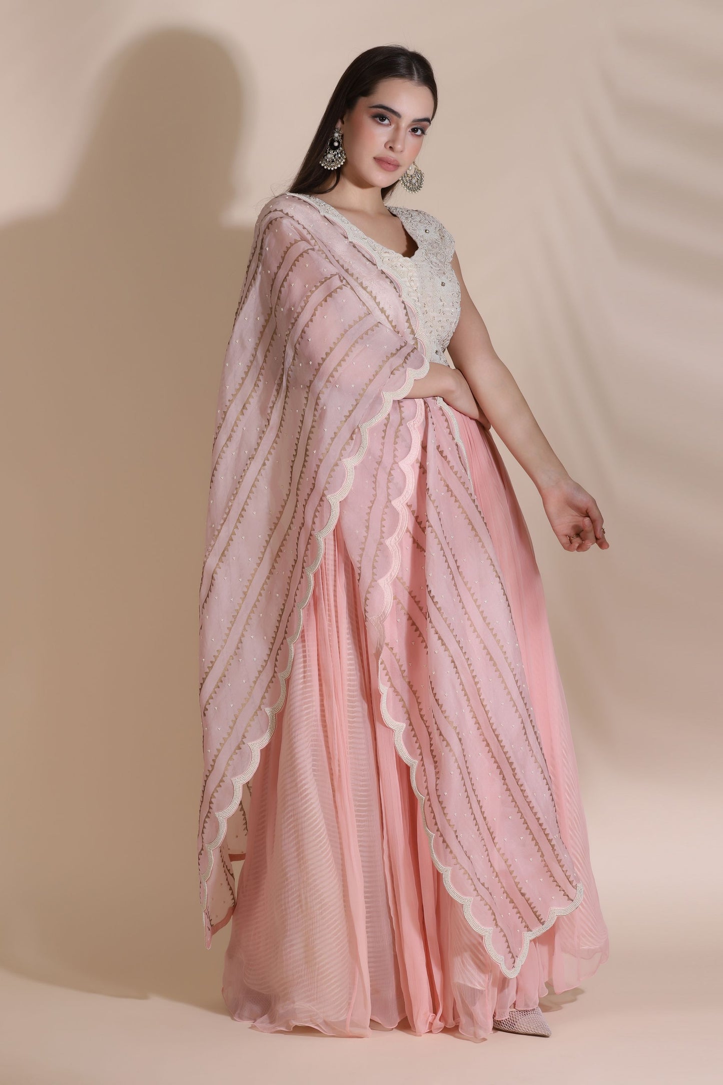Pearl Work Blouse With Gathered Skirt, Belt And Duptta