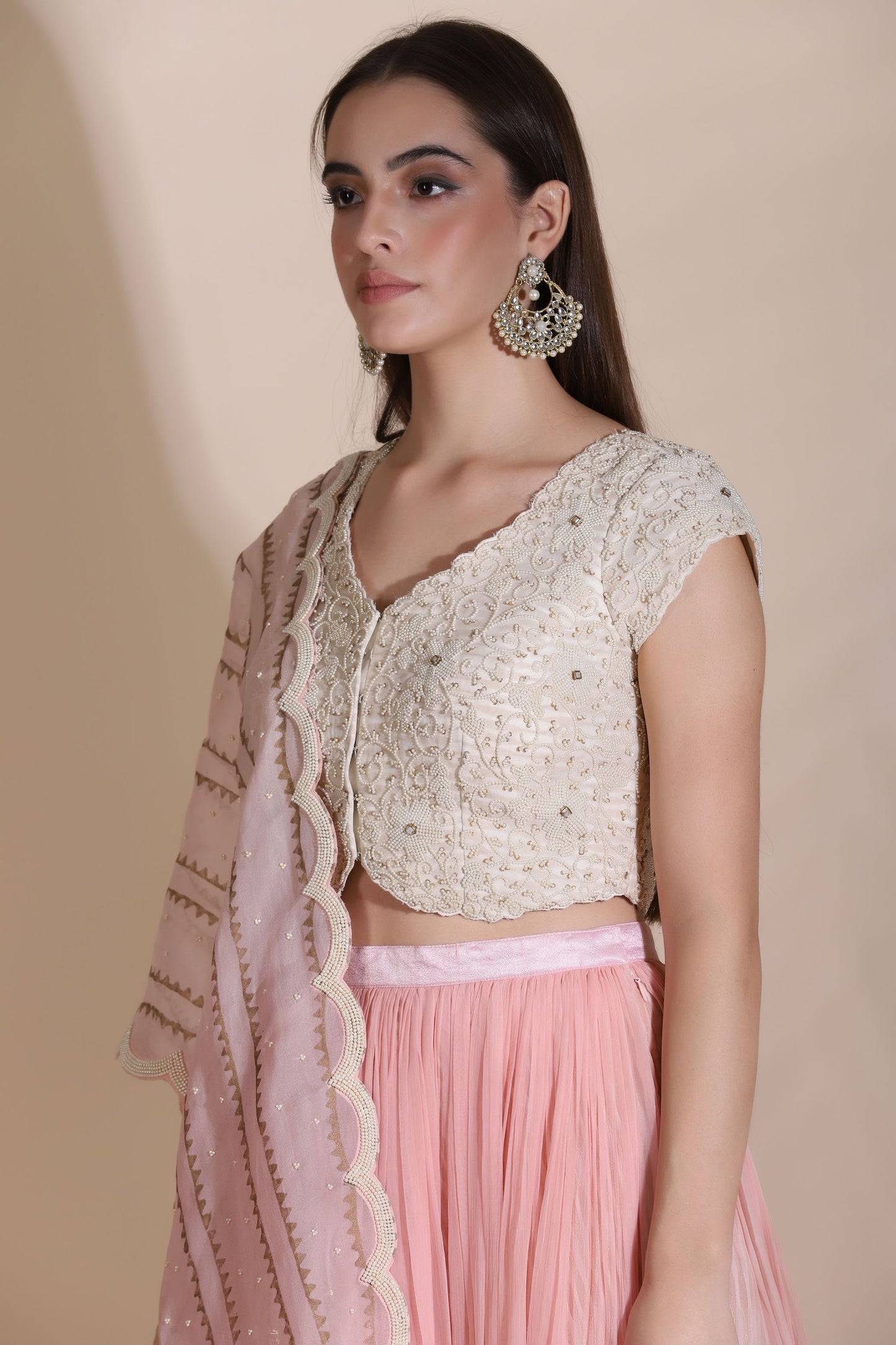 Pearl Work Blouse With Gathered Skirt, Belt And Duptta