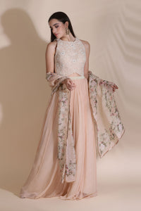 Pearl Work Blouse Paired With Printed Chiffon Skirt And Printed Dupatta
