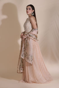 Pearl Work Blouse Paired With Printed Chiffon Skirt And Printed Dupatta